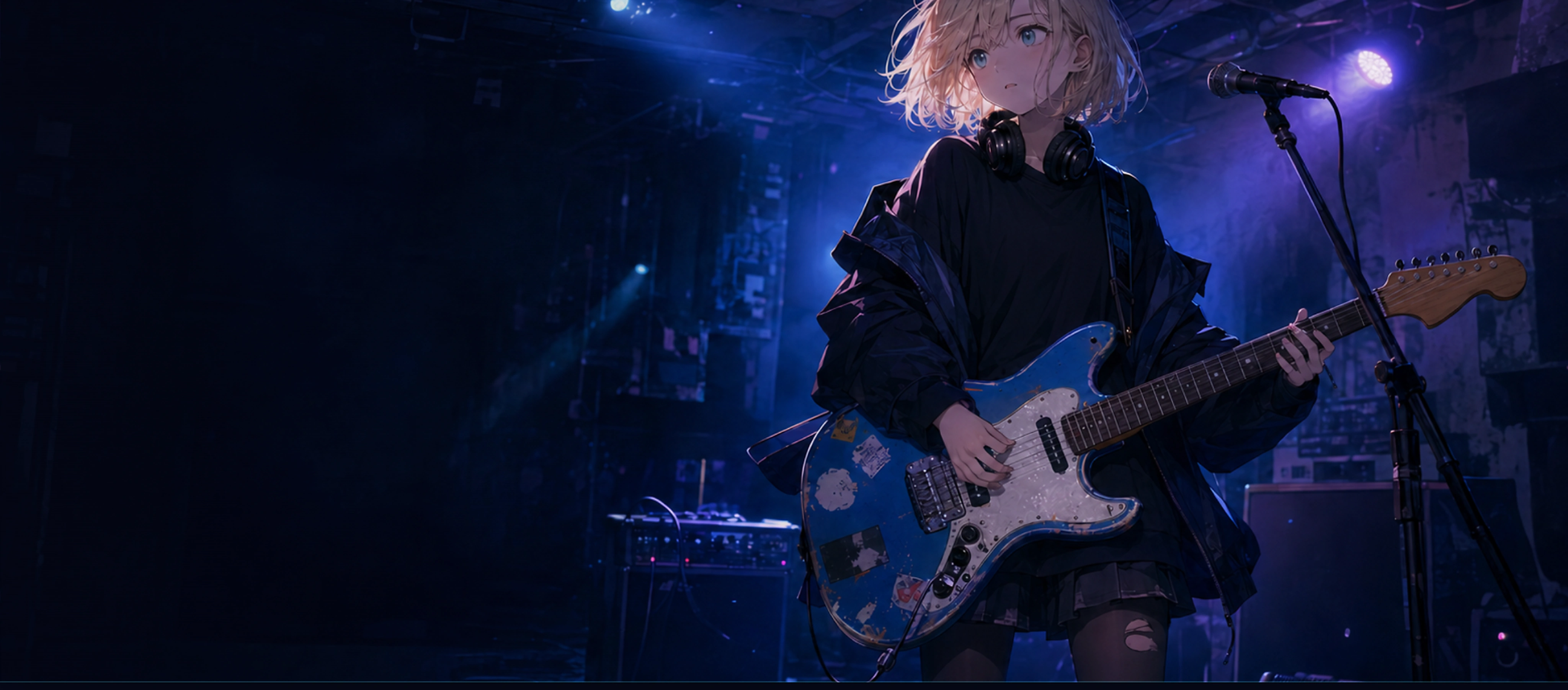 青い照明のステージでギターを演奏する月城ルナのイラスト