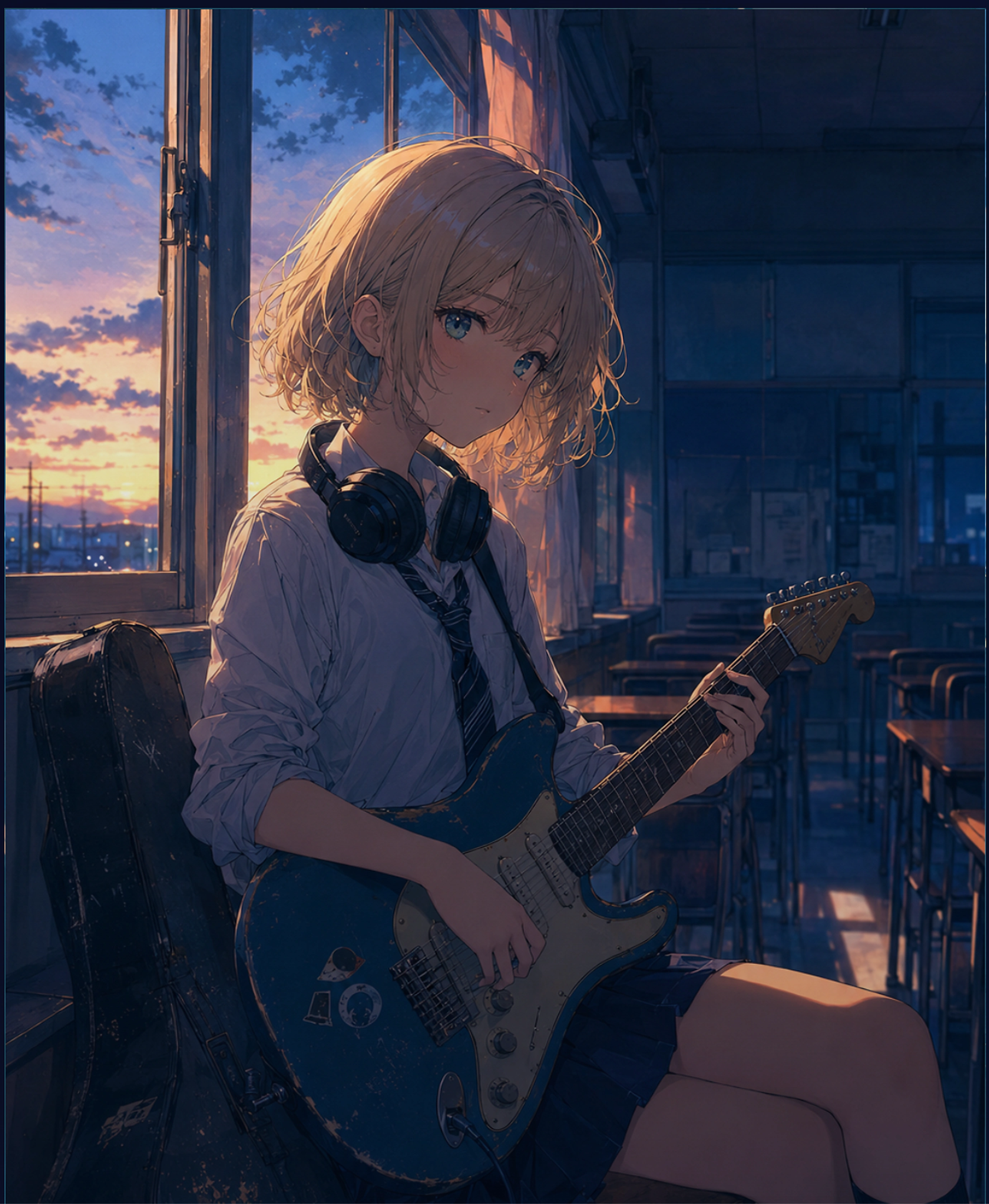 窓辺でエレキギターを抱える月城ルナのイラスト