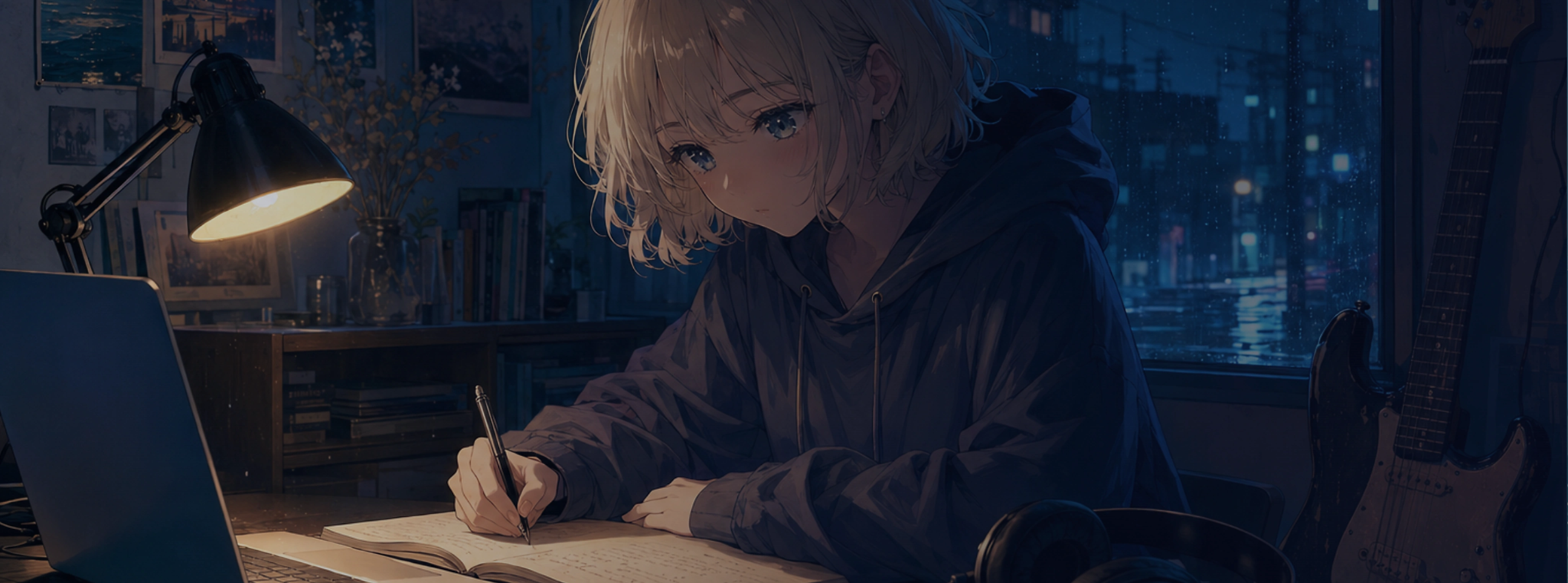 机に向かってノートに言葉を書く月城ルナのイラスト